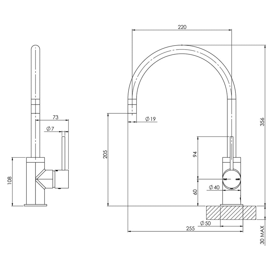 Phoenix Vivid Slimline Sink Mixer 220mm Gooseneck Brushed Gold, technical line drawing with dimensions