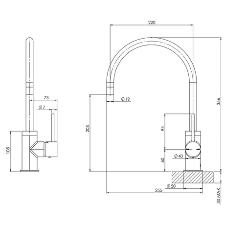 VS733_Vivid_Slimline_Side_Lever_Mixer_220mm_Gooseneck_Line_Drawing