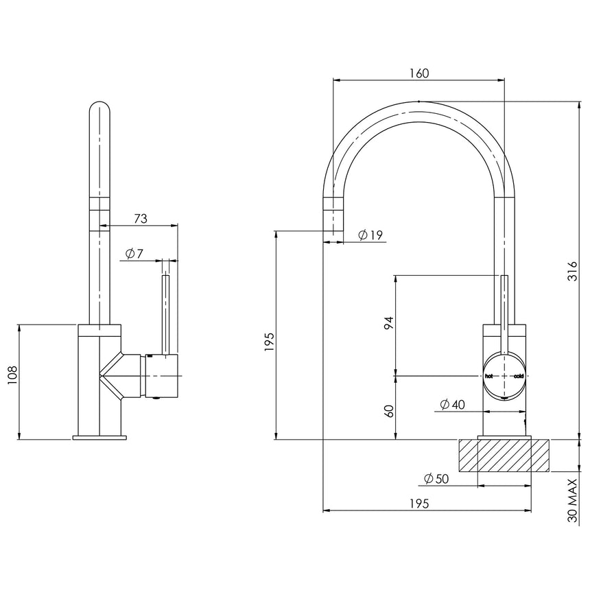 Phoenix Vivid Slimline Sink Mixer 160mm Gooseneck Brushed Gold, technical line drawing with dimensions