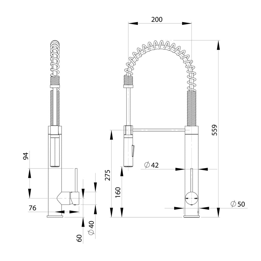 Phoenix Vivid Slimline Tall Spring Sink Mixer 200mm Chrome, technical line drawing with dimensions