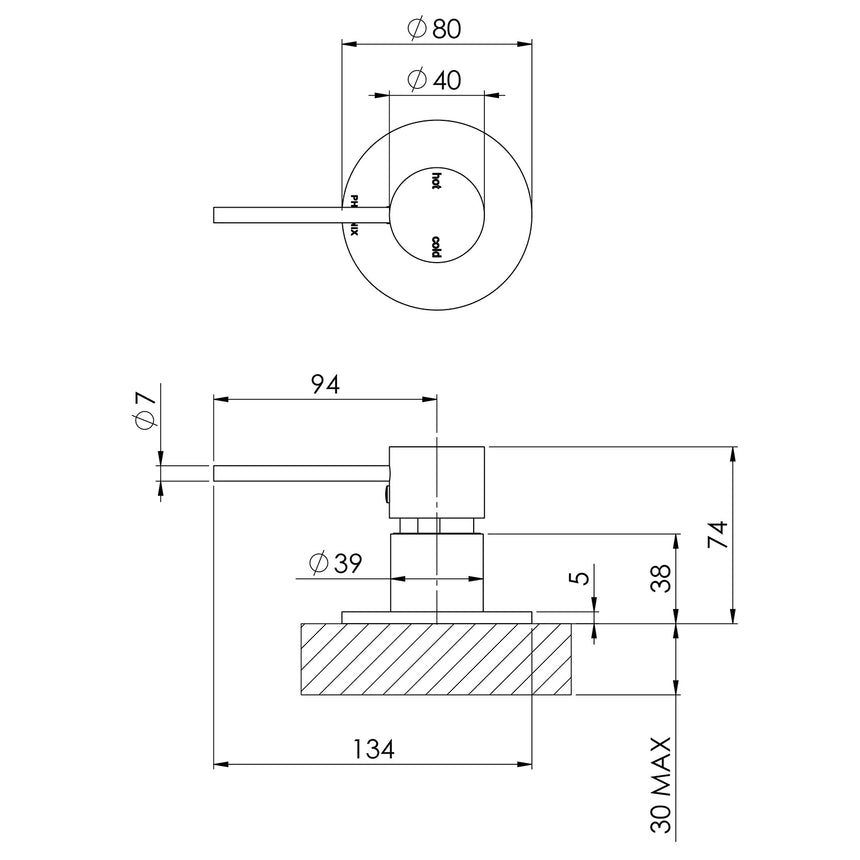 Phoenix Vivid Slimline Hob Mixer Matte Black, technical line drawing with dimensions