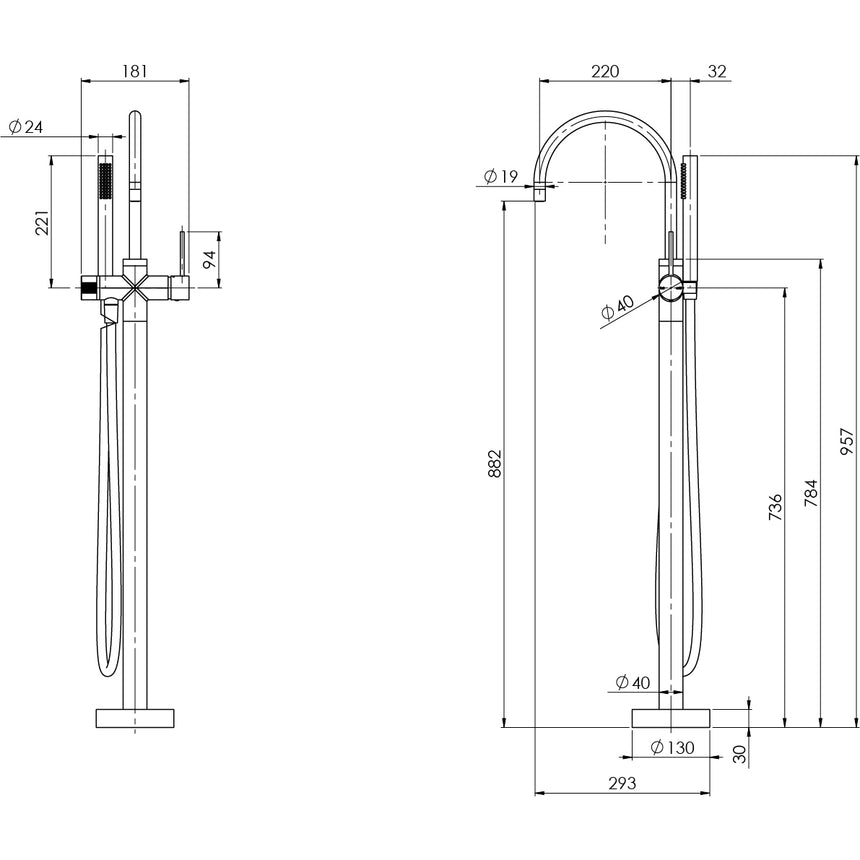 Phoenix Vivid Slimline Floor Mounted Bath Mixer with Hand Shower Chrome, technical line drawing with dimensions