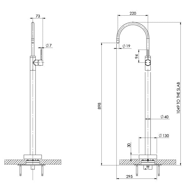 Phoenix Vivid Slimline Floor Mounted Bath Mixer Brushed Nickel, technical line drawing with dimensions