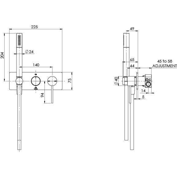 Phoenix Vivid Slimline Wall Shower System Brushed Gold, technical line drawing with dimensions