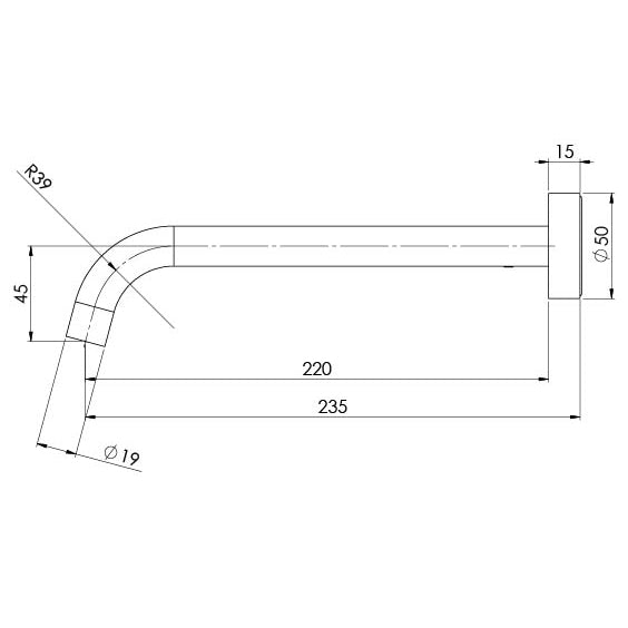 Phoenix Vivid Slimline Basin Outlet 230mm Curved Chrome, technical line drawing with dimensions