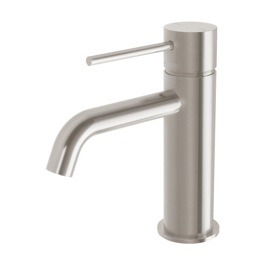 Phoenix Vivid Slimline Basin Mixer Curved Outlet Brushed Nickel, product view