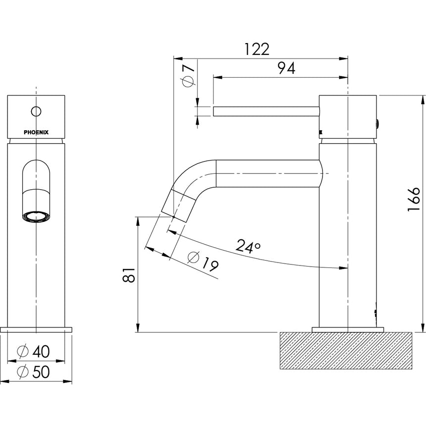 Phoenix Vivid Slimline Basin Mixer Curved Outlet Brushed Carbon, technical line drawing with dimensions