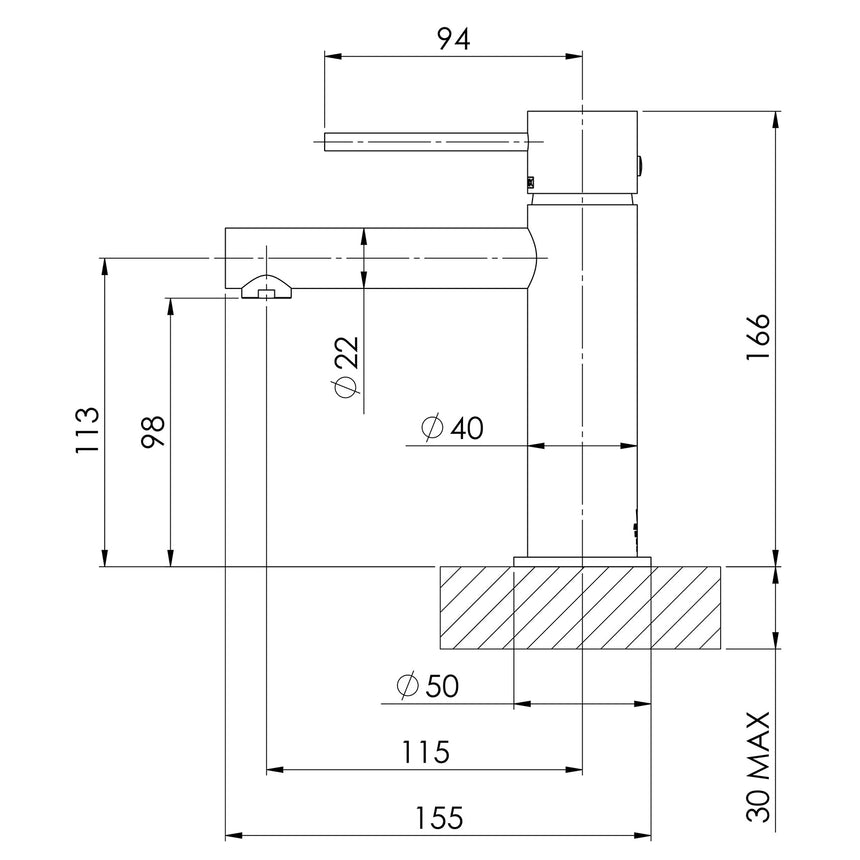 Phoenix Vivid Slimline Basin Mixer Chrome, technical line drawing with dimensions