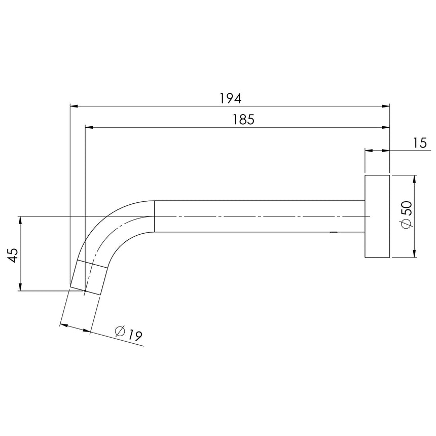 Phoenix Vivid Slimline Wall Bath Outlet 180mm Curved Matte Black, technical line drawing with dimensions