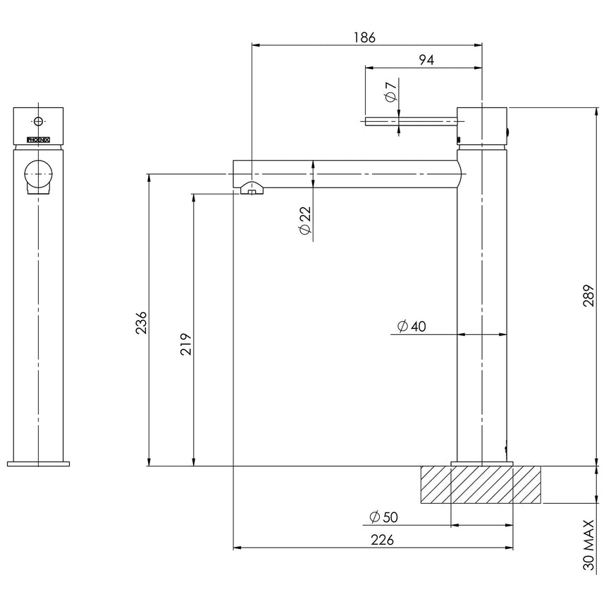 Phoenix Vivid Slimline Vessel Mixer Chrome, technical line drawing with dimensions