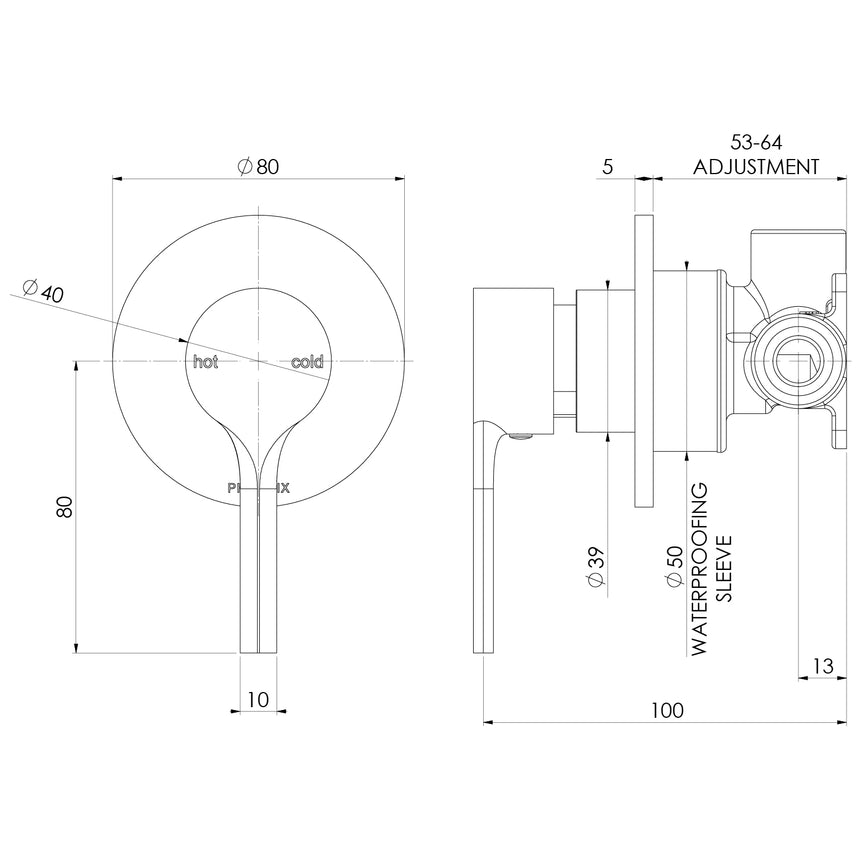 Phoenix Vivid Slimline Oval SwitchMix Shower / Wall Mixer Brushed Nickel, technical line drawing with dimensions