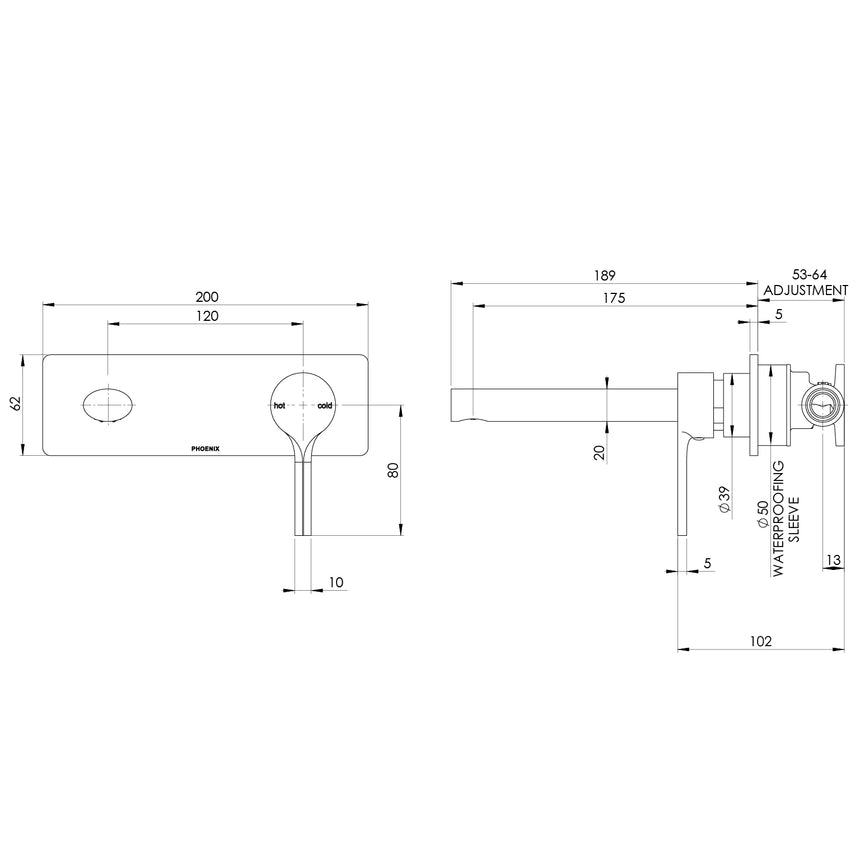 Phoenix Vivid Slimline Oval SwitchMix Wall Basin / Bath Mixer Set 175mm Chrome, technical line drawing with dimensions