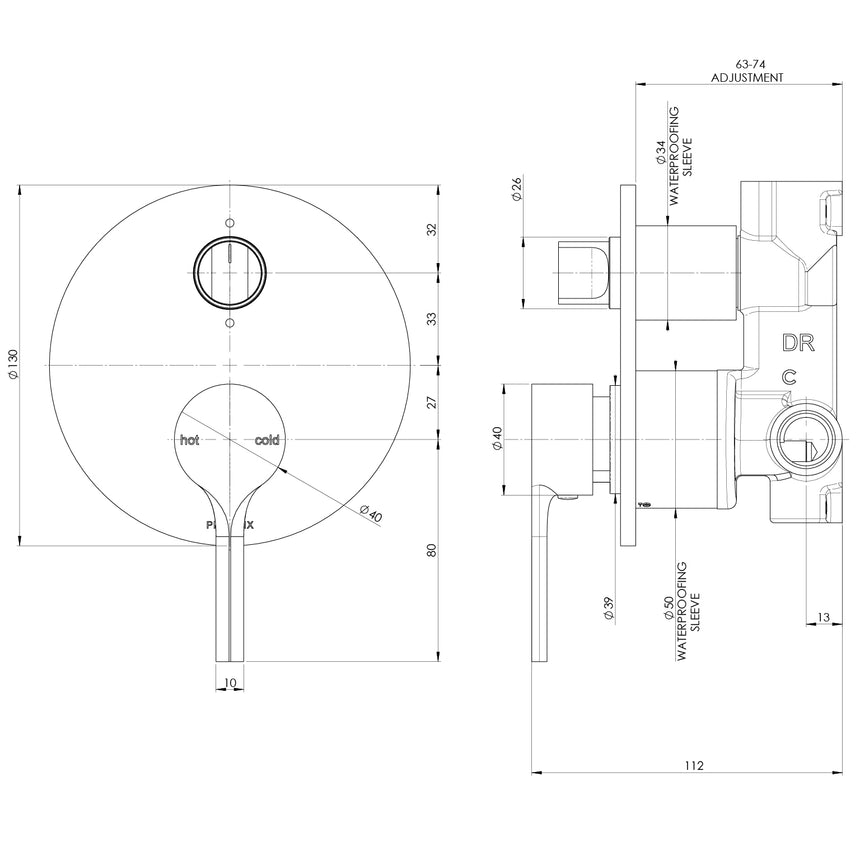 Phoenix Vivid Slimline Oval SwitchMix Shower / Bath Diverter Mixer Fit-Off Kit Brushed Nickel, technical line drawing with dimensions