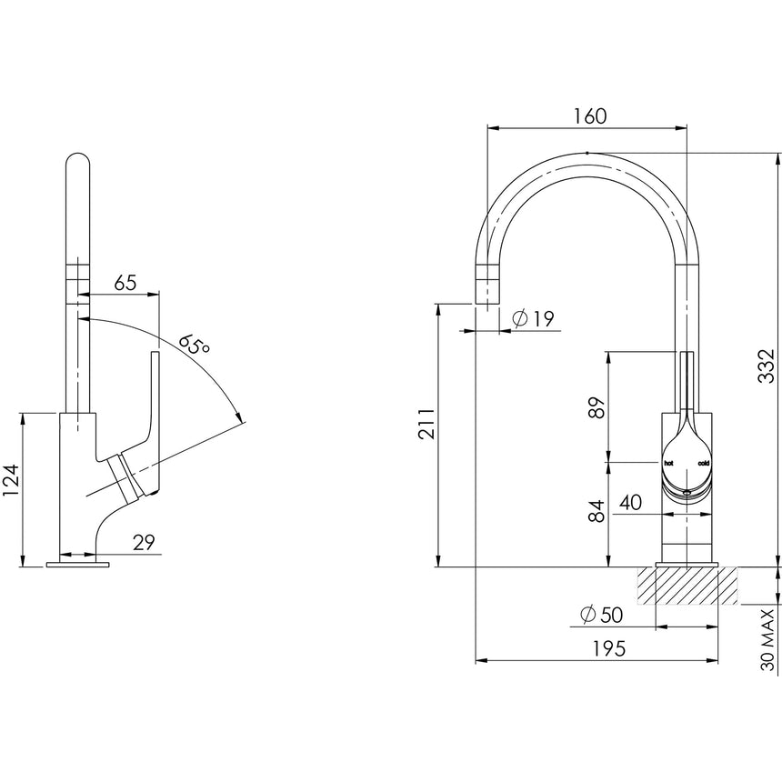 Phoenix Vivid Slimline Oval Sink Mixer 160mm Gooseneck Matte Black, technical line drawing with dimensions