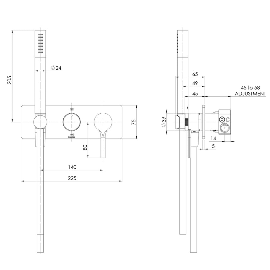 Phoenix Vivid Slimline Oval Wall Shower System Brushed Gold, technical line drawing with dimensions
