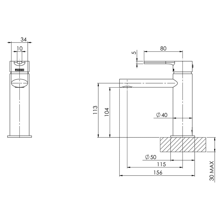 Phoenix Vivid Slimline Oval Basin Mixer Brushed Gold, technical line drawing with dimensions