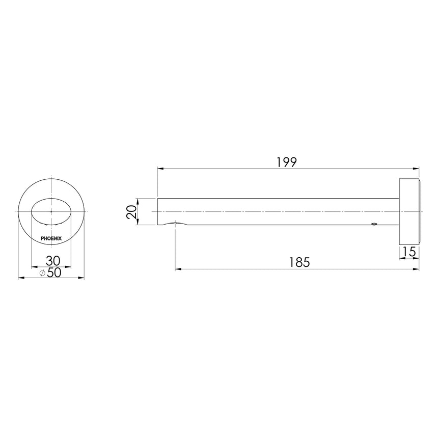Phoenix Vivid Slimline Oval Wall Bath Outlet 180mm Matte Black, technical line drawing with dimensions