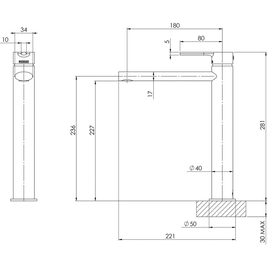 Phoenix Vivid Slimline Oval Vessel Mixer Matte Black, technical line drawing with dimensions