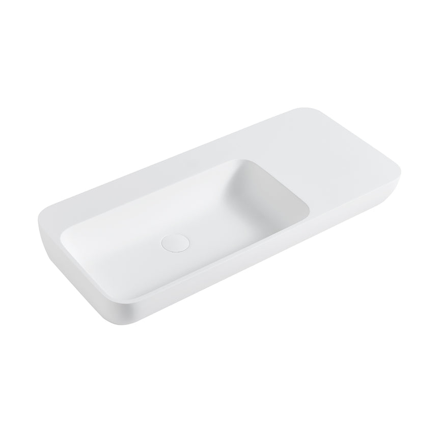 Lukka Rocca matte white solid surface rectangular wall-hung basin 900x400mm, angled view showing right end by Tilemall