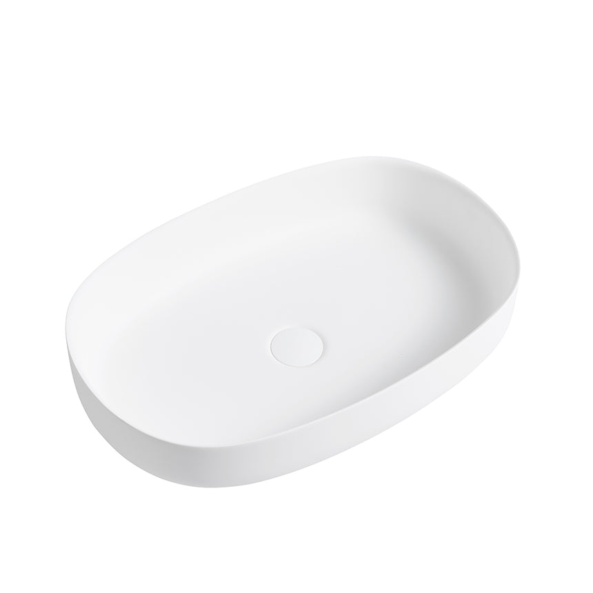 Lukka ellips 600x400mm matte white solid surface basin angled perspective by Tilemall