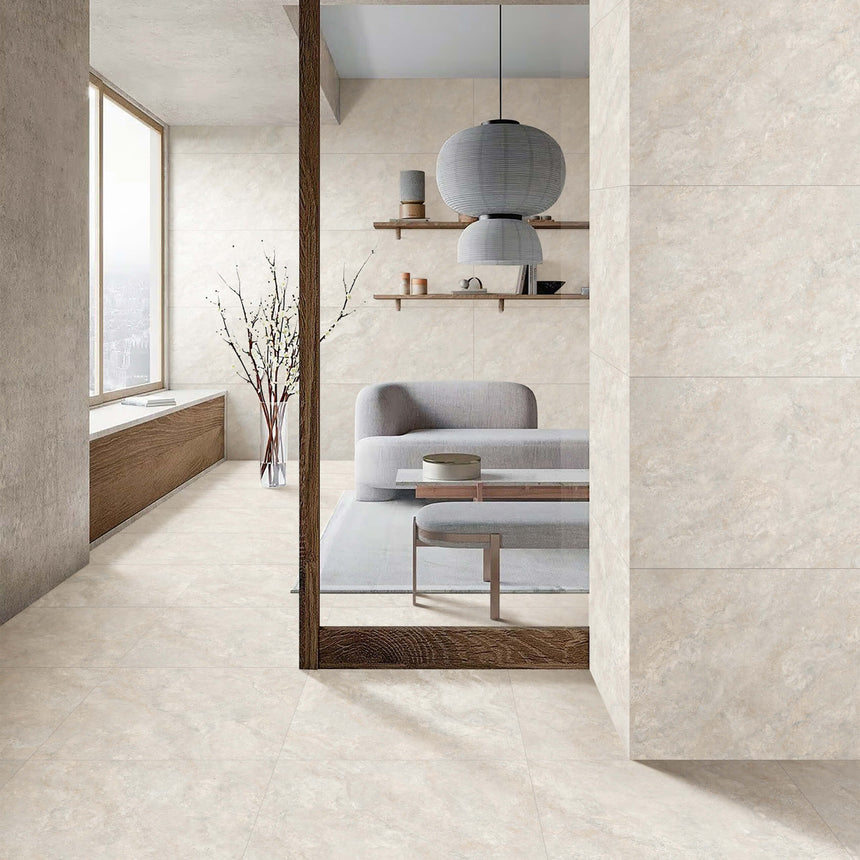 Ankara Travertine Cross Cut 1200x600 Matt White Travertine Look Tiles Tilemall