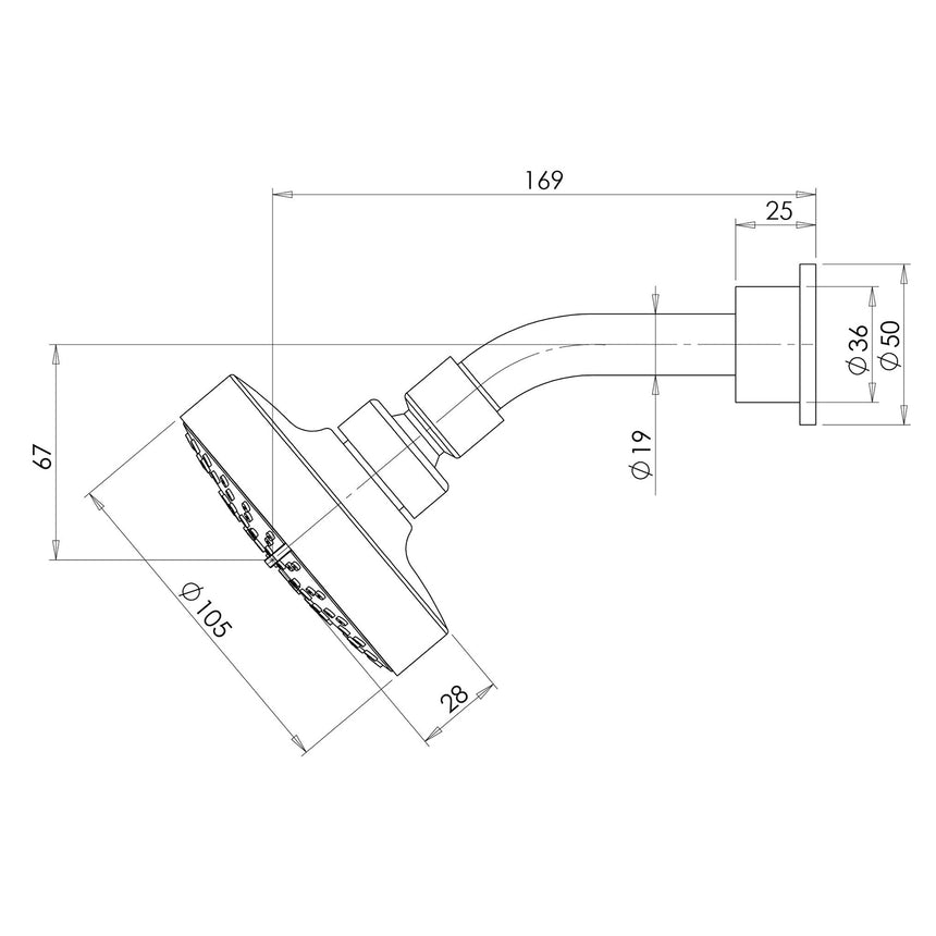 Phoenix Ivy 3 Function Wall Shower & Arm Chrome, technical line drawing with dimensions