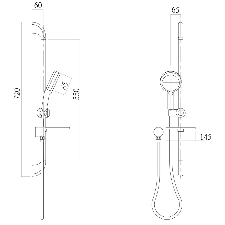 Phoenix Ivy Rail Shower Chrome, technical line drawing with dimensions