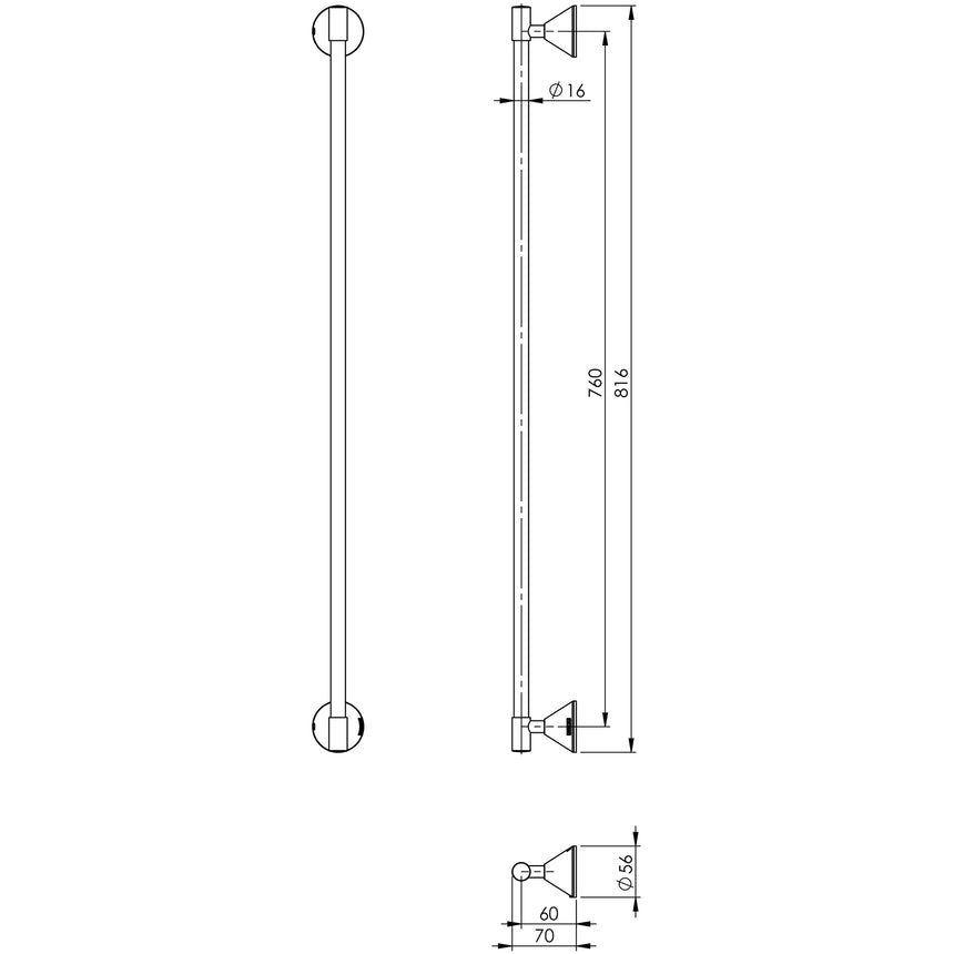 Phoenix Ivy Single Towel Rail 760mm Chrome, technical line drawing with dimensions