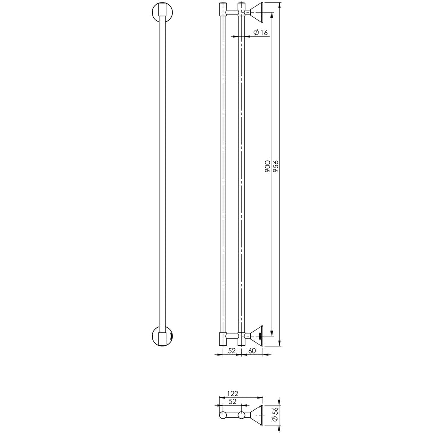 Phoenix Ivy Double Towel Rail 900mm Chrome, technical line drawing with dimensions