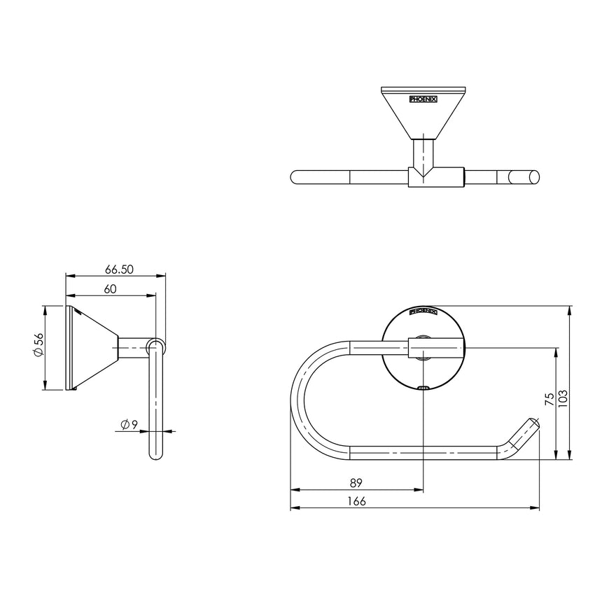 Phoenix Ivy Toilet Roll Holder Chrome, technical line drawing with dimensions