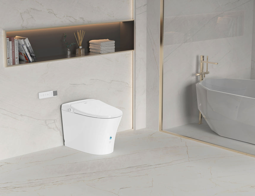 Lukka Samos back-to-wall smart toilet in gloss white porcelain by Tilemall, installed in modern bathroom