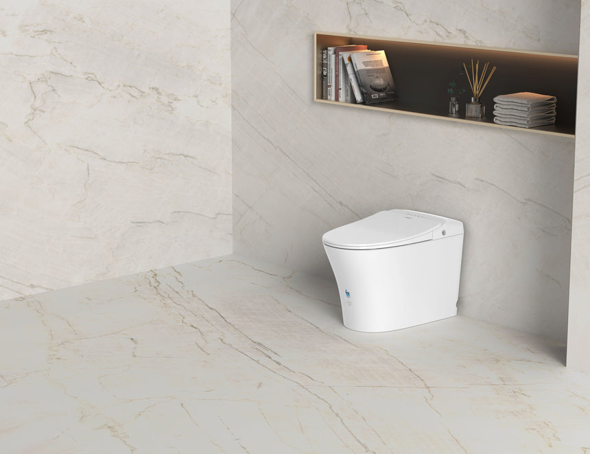 Lukka Samos back-to-wall smart toilet in gloss white porcelain by Tilemall, angled side view