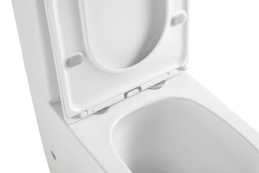 Angled side view of Lukka Procida rimless toilet with soft-close seat and tank detail by Tilemall