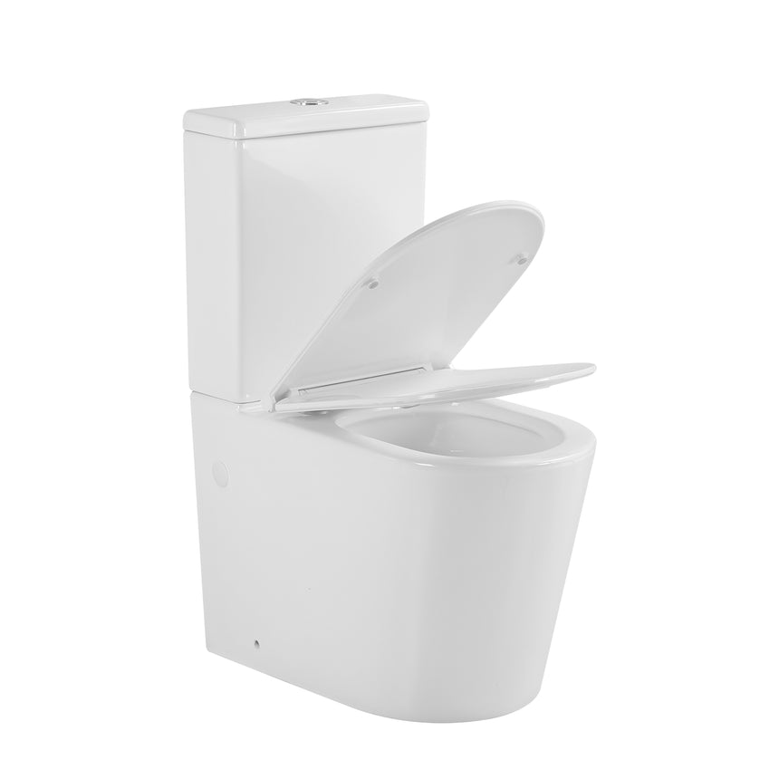 Lukka Acadia Tornado toilet suite with soft-close seat open, showing rimless bowl and cistern by Tilemall