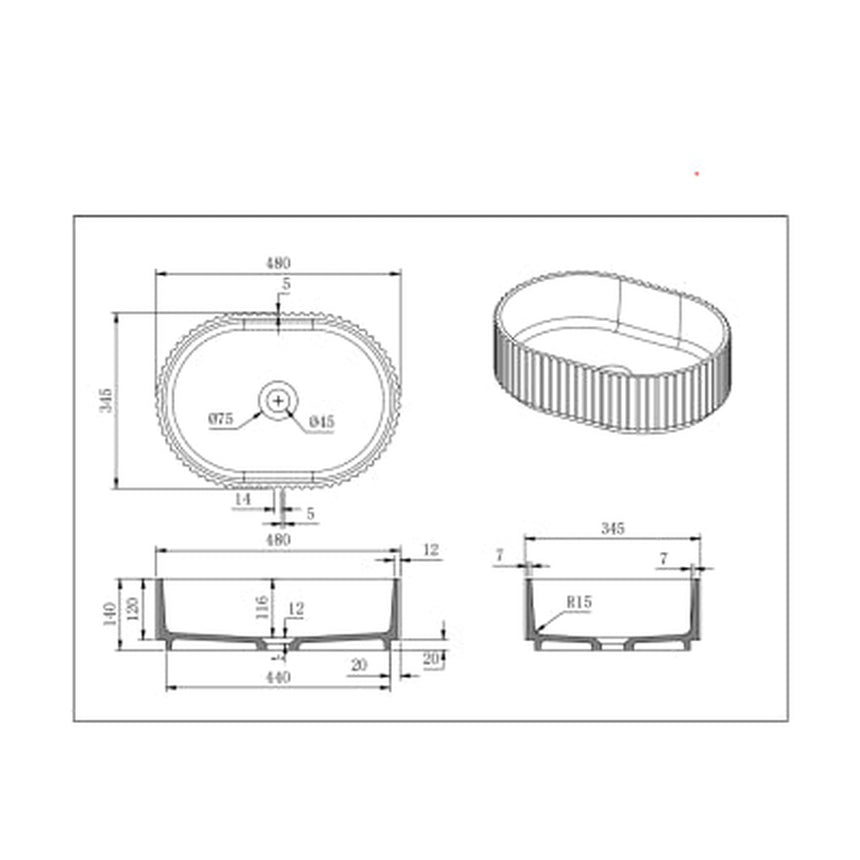 Lukka Ellips Fluted 480x345x140mm matte black fluted solid surface above counter basin by Tilemall dimension diagram