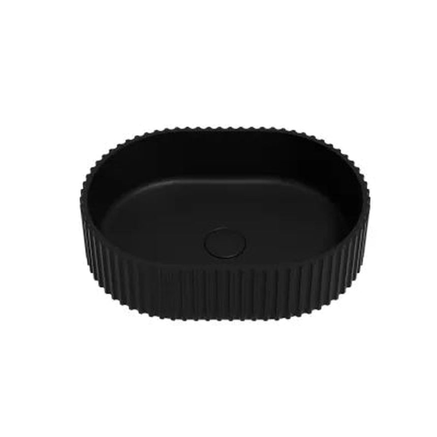 Lukka Ellips Fluted 480x345x140mm matte black fluted solid surface above counter basin by Tilemall