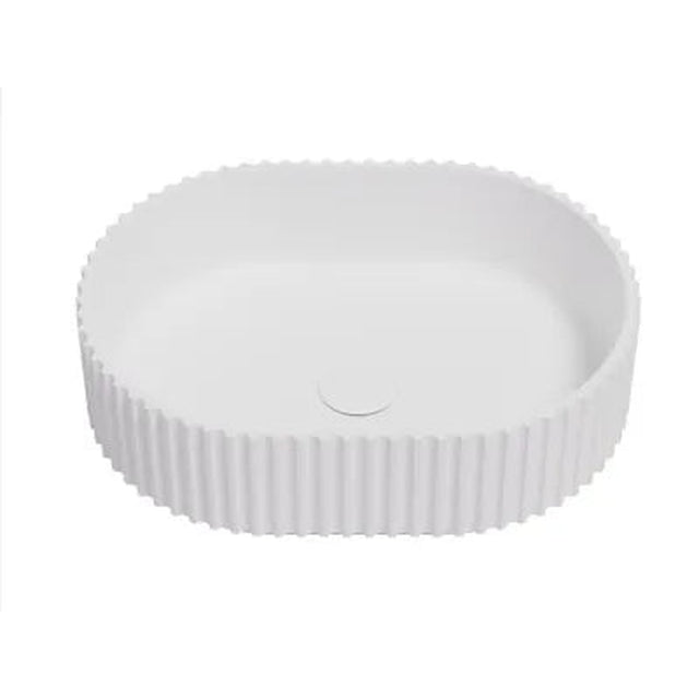 Lukka Ellips Fluted 480x345x140mm matte white fluted solid surface above counter basin by Tilemall