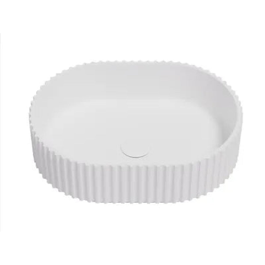 Lukka Ellips Fluted 480x345x140mm matte white fluted solid surface above counter basin by Tilemall