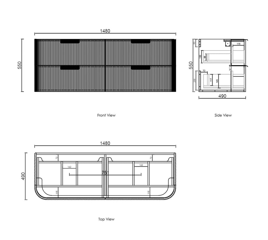 Otti Havana Sable Walnut 1500mm wall hung vanity technical dimensions diagram by Tilemall