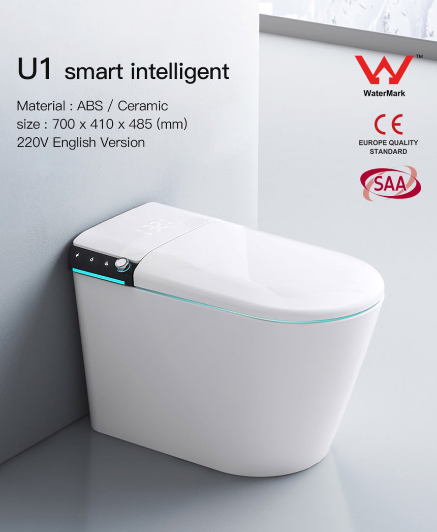 Lukka Evo 700x410x485mm wall-faced porcelain smart toilet with U1 seat and control panel by Tilemall