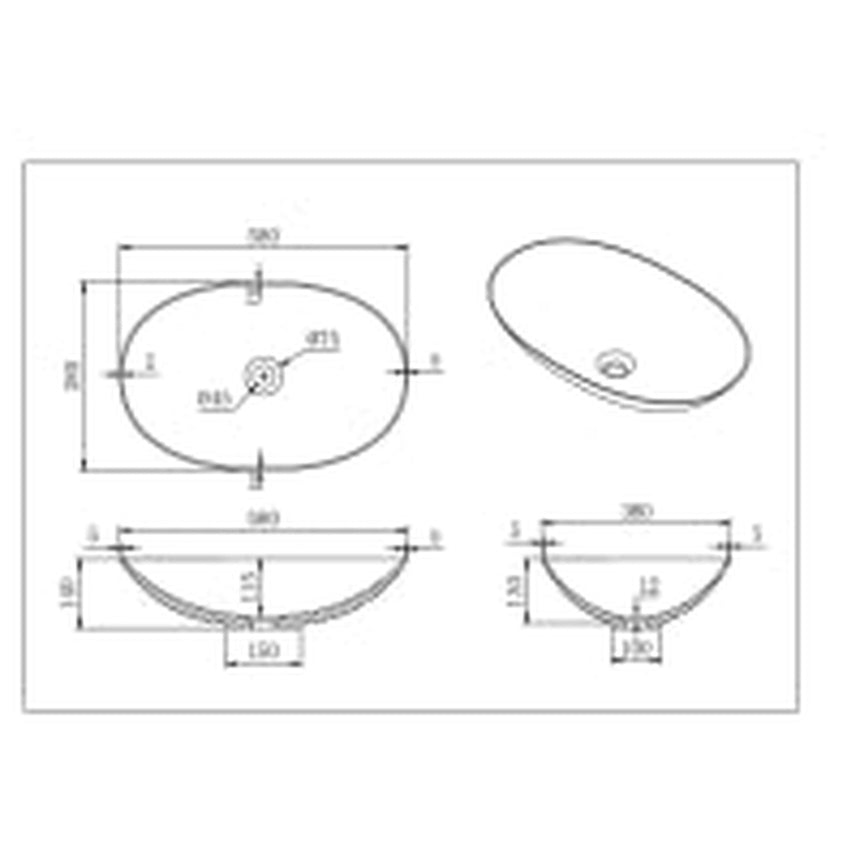 Lukka Kirra 580x380x140mm matte white solid surface above counter basin by Tilemall dimension diagram
