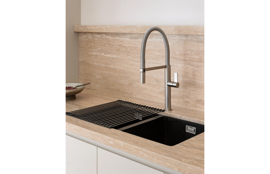 Phoenix 5000 Series Double Bowl Under / Over Sink Matte Black, shown in a finished interior