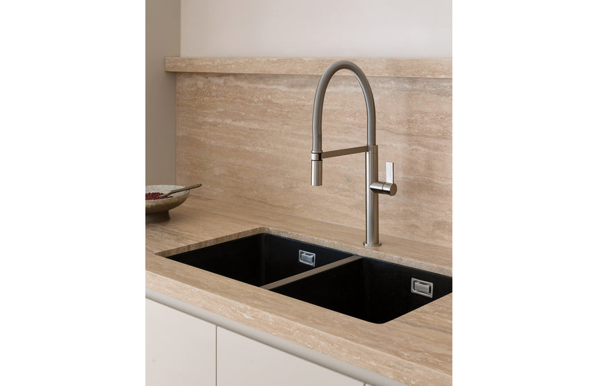 Phoenix 5000 Series Double Bowl Under / Over Sink Matte Black, shown in a finished interior