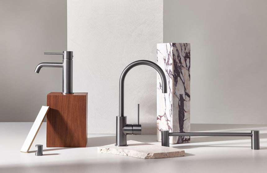 Phoenix Vivid Slimline Sink Mixer 160mm Gooseneck Brushed Carbon, shown in a finished interior