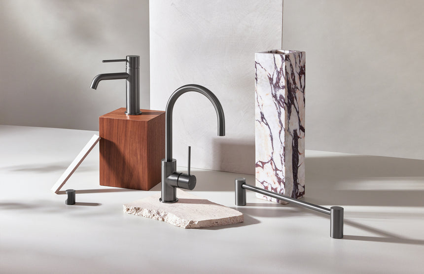 Phoenix Vivid Slimline Sink Mixer 160mm Gooseneck Brushed Carbon, shown in a finished interior