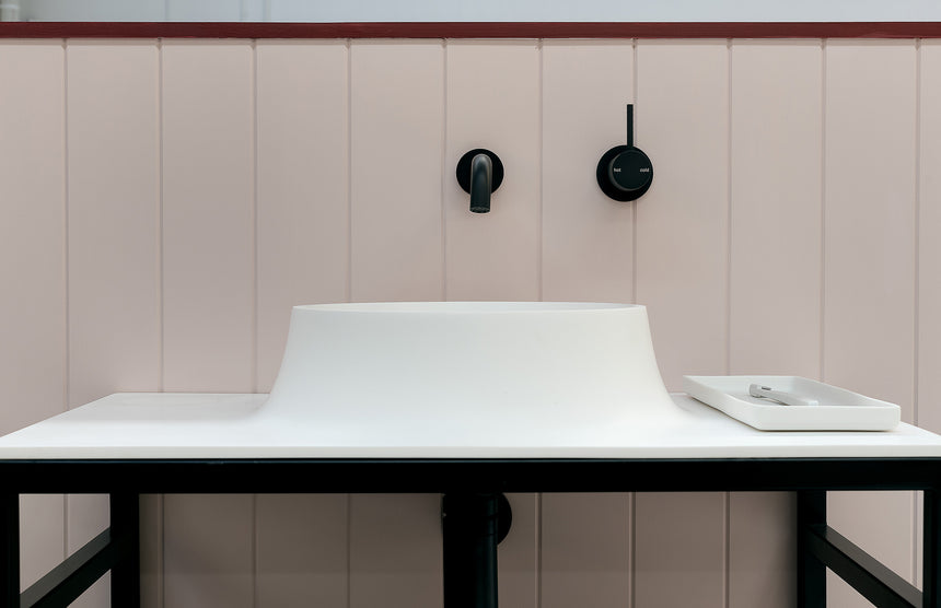 Phoenix Vivid Slimline Up Shower / Wall Mixer Matte Black, shown in a finished interior