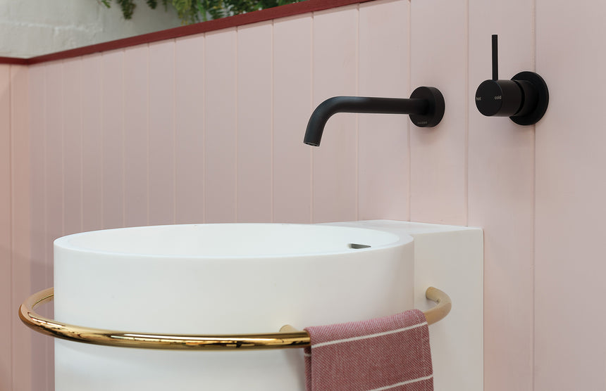 Phoenix Vivid Slimline Up shower / wall mixer in Matte Black, shown in a bathroom setting by Tilemall
