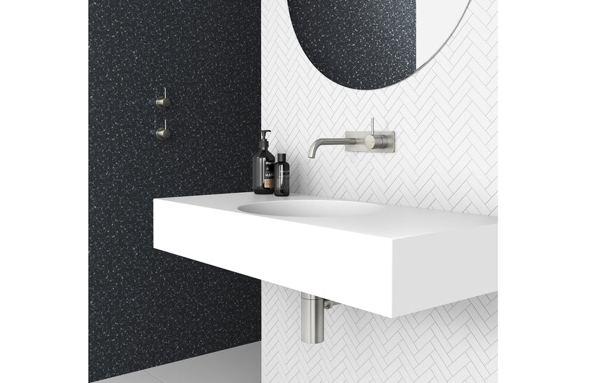 Phoenix Vivid Slimline Up Basin / Bath Wall Mixer Set Brushed Nickel, shown in a finished interior