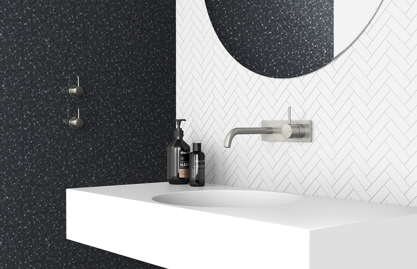 Phoenix Vivid Slimline Up shower / wall mixer in Brushed Nickel, shown in a bathroom setting by Tilemall