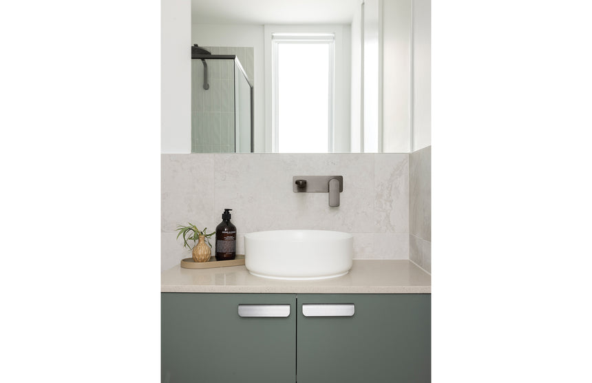Phoenix Mekko SwitchMix Wall Basin / Bath Mixer Set 200mm Fit-Off Kit Brushed Carbon, shown in a finished interior